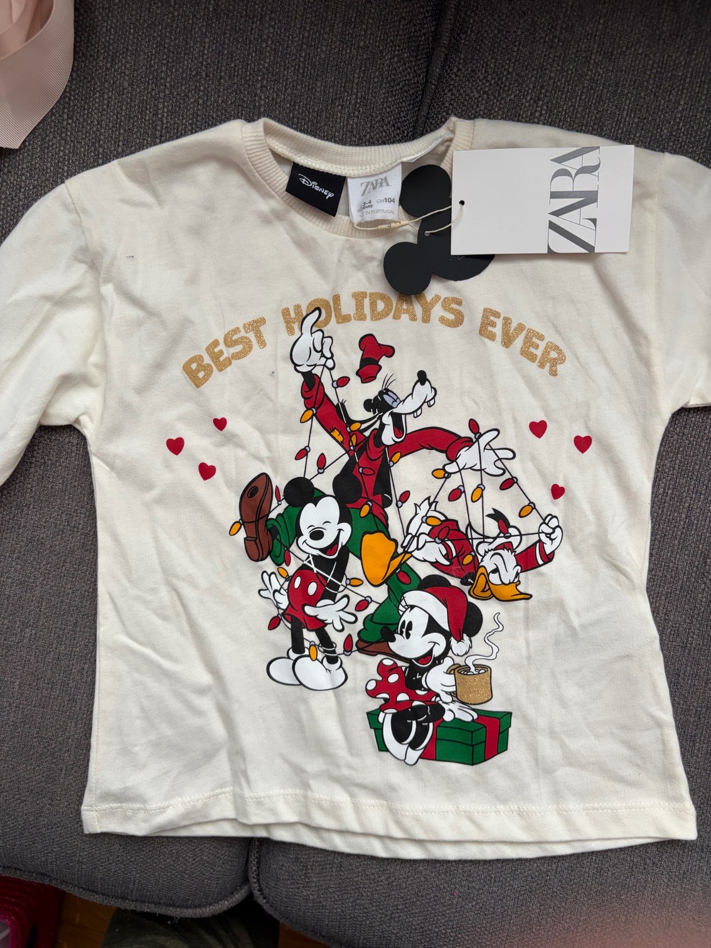 Zara Kids |  "Best Holidays Ever" Disney Holiday Tee - Cream | Size 3-4